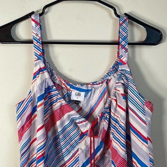 Cabi‎ #5230 Inline Print White Red & Blue Striped Tassel Tank Top Size S - Picture 3 of 9